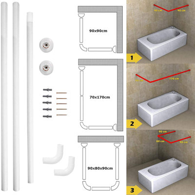 Home Centre White U & L Shape Corner Shower Rail 3 Way Bath Pole Rod Track