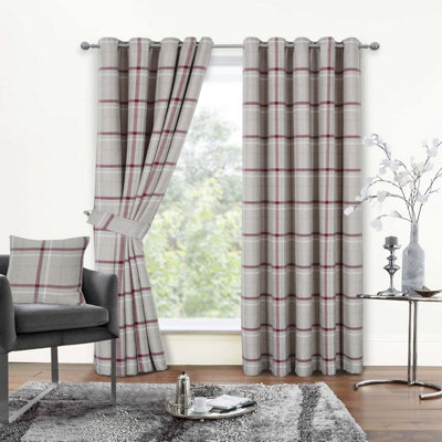 Home Curtain Hudson Woven Check Fully Lined 45w x 54d" (114x137cm) Red Eyelet Curtains (PAIR)