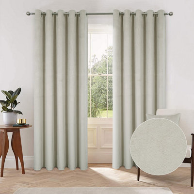 Home Curtains Asha Recycled Soft Velour Fully Lined 45w x 54d" (114x137cm) Natural Eyelet Curtains (PAIR)