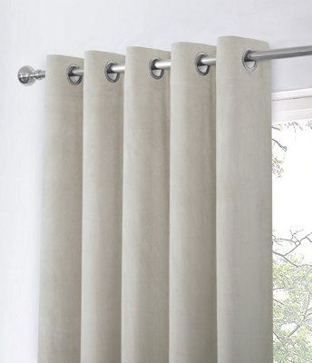 Home Curtains Asha Recycled Soft Velour Fully Lined 45w x 54d" (114x137cm) Natural Eyelet Curtains (PAIR)