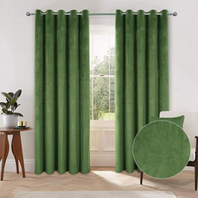 Home Curtains Asha Recycled Soft Velour Fully Lined 45w x 54d" (114x137cm) Olive Eyelet Curtains (PAIR)