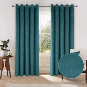 Home Curtains Asha Recycled Soft Velour Fully Lined 45w x 54d" (114x137cm) Teal Eyelet Curtains (PAIR)