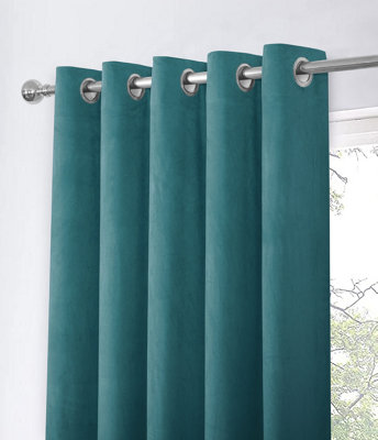 Home Curtains Asha Recycled Soft Velour Fully Lined 45w x 54d" (114x137cm) Teal Eyelet Curtains (PAIR)