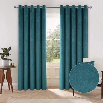 Home Curtains Asha Recycled Soft Velour Fully Lined 90w x 90d" (229x229cm) Teal Eyelet Curtains (PAIR)