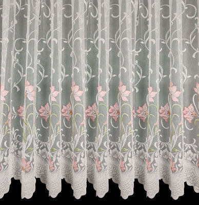 Home Curtains Bella Coloured Floral Net 200w x 91d CM Cut Lace Panel Pink