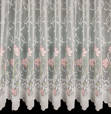 Home Curtains Bella Coloured Floral Net 400w x 102d CM Cut Lace Panel Pink