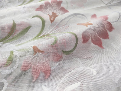 Home Curtains Bella Coloured Floral Net 400w x 102d CM Cut Lace Panel Pink