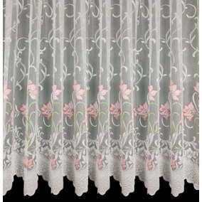 Home Curtains Bella Coloured Floral Net 500w x 102d CM Cut Lace Panel Pink