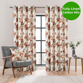 Home Curtains Betty Fully Lined Floral 46w x 54d" (117x137cm) Terracotta Eyelet Curtains (PAIR)
