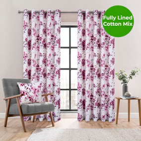 Home Curtains Betty Fully Lined Floral 46w x 72d" (117x183cm) Pink Eyelet Curtains (PAIR)