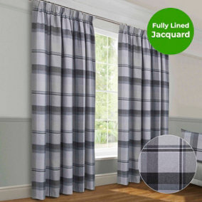 Home Curtains Braemar Faux Wool Checked Fully Lined 45w x 54d" (114x137cm) Grey Pencil Pleat Curtains (PAIR)