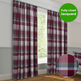 Home Curtains Braemar Faux Wool Checked Fully Lined 45w x 54d" (114x137cm) Wine Pencil Pleat Curtains (PAIR)