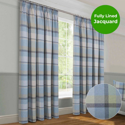 Home Curtains Braemar Faux Wool Checked Fully Lined 45w x 72d" (114x183cm) Duckegg Pencil Pleat Curtains (PAIR)