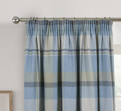 Home Curtains Braemar Faux Wool Checked Fully Lined 45w x 72d" (114x183cm) Duckegg Pencil Pleat Curtains (PAIR)