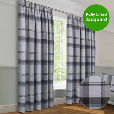 Home Curtains Braemar Faux Wool Checked Fully Lined 45w x 72d" (114x183cm) Grey Pencil Pleat Curtains (PAIR)