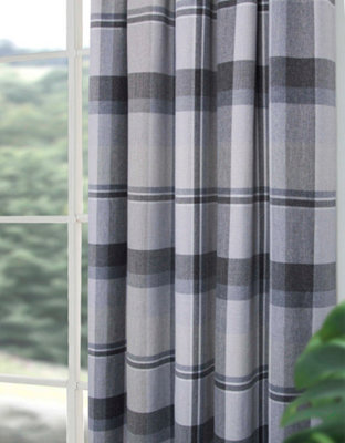 Home Curtains Braemar Faux Wool Checked Fully Lined 65w x 90d" (165x229cm) Grey Pencil Pleat Curtains (PAIR)