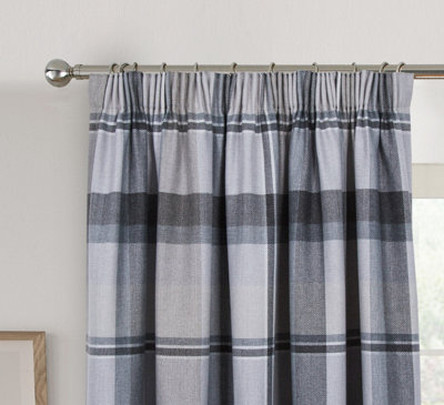 Home Curtains Braemar Faux Wool Checked Fully Lined 65w x 90d" (165x229cm) Grey Pencil Pleat Curtains (PAIR)