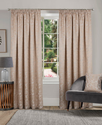 Home Curtains Buckingham Damask Fully Lined 45w x 48d" (114x122cm) Natural Pencil Pleat Curtains (PAIR)