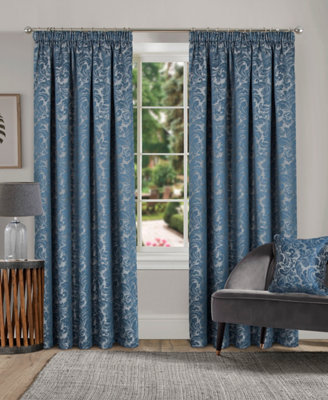 Home Curtains Buckingham Damask Fully Lined 45w x 54d" (114x137cm) Duckegg Blue Pencil Pleat Curtains (PAIR)