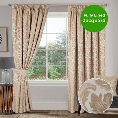 Home Curtains Buckingham Damask Fully Lined 45w x 72d" (114x183cm) Natural Pencil Pleat Curtains (PAIR)