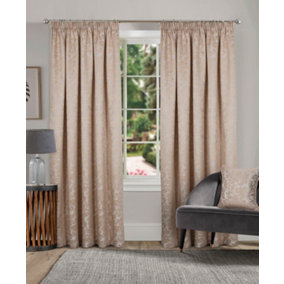 Home Curtains Buckingham Damask Fully Lined 45w x 72d" (114x183cm) Natural Pencil Pleat Curtains (PAIR)