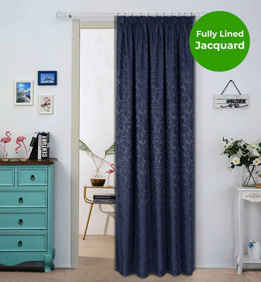 Home Curtains Buckingham Damask Fully Lined 45w x 84d" (114x213cm) Navy Pencil Pleat Door Curtain (1)