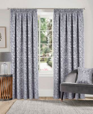 Home Curtains Buckingham Damask Fully Lined 65w x 54d" (165x137cm) Grey Pencil Pleat Curtains (PAIR)
