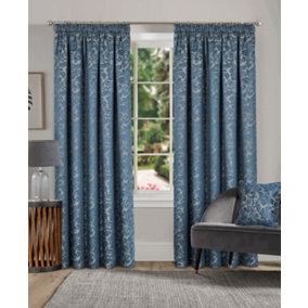 Home Curtains Buckingham Damask Fully Lined 65w x 90d" (165x229cm) Duckegg Blue Pencil Pleat Curtains (PAIR)