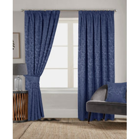 Home Curtains Buckingham Damask Fully Lined 65w x 90d" (165x229cm) Navy Pencil Pleat Curtains (PAIR)