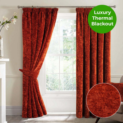 Home Curtains Camden Luxury Crushed Chenille Lined Blackout 45w x 72d" (114x183cm) Terracotta Pencil Pleat Curtains (PAIR)