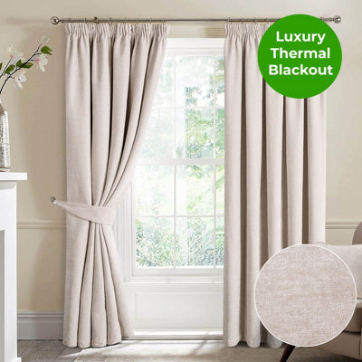 Home Curtains Camden Luxury Crushed Chenille Lined Blackout 90w x 108d" (229x274cm) Natural Pencil Pleat Curtains (PAIR)