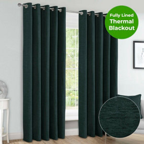 Home Curtains Canterbury Chenille Lined Blackout 45w x 54d" (114x137cm) Dark Green Eyelet Curtains (PAIR)