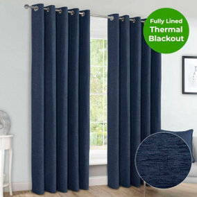 Home Curtains Canterbury Chenille Lined Blackout 45w x 54d" (114x137cm) Navy Eyelet Curtains (PAIR)