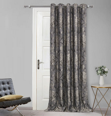 Home Curtains Elanie Floral Metallic Fully Lined 45w x 84d" (114x213cm) Pewter Eyelet Door Curtain (1)