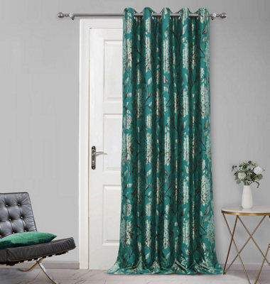 Home Curtains Elanie Floral Metallic Fully Lined 45w x 84d" (114x213cm) Teal Eyelet Door Curtain (1)