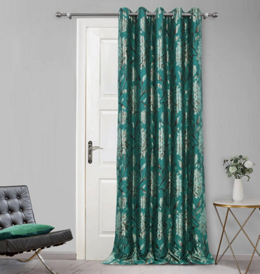 Home Curtains Elanie Floral Metallic Fully Lined 45w x 84d" (114x213cm) Teal Eyelet Door Curtain