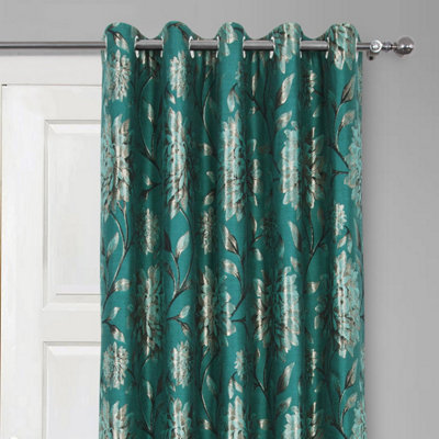 Home Curtains Elanie Floral Metallic Fully Lined 45w x 84d" (114x213cm) Teal Eyelet Door Curtain