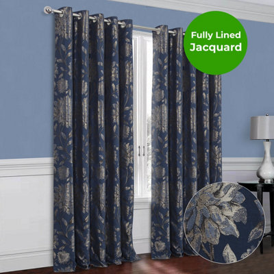 Home Curtains Elanie Fully Lined Floral Metallic 45w x 54d" (114x137cm) Navy Eyelet Curtains (PAIR)