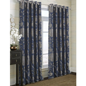 Home Curtains Elanie Fully Lined Floral Metallic 45w x 54d" (114x137cm) Navy Eyelet Curtains (PAIR)