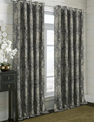 Home Curtains Elanie Fully Lined Floral Metallic 45w x 54d" (114x137cm) Pewter Eyelet Curtains (PAIR)