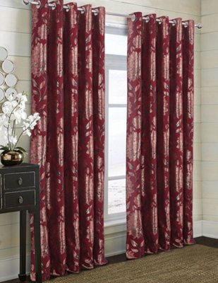 Home Curtains Elanie Fully Lined Floral Metallic 45w x 54d" (114x137cm) Red Eyelet Curtains (PAIR)