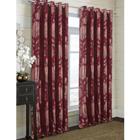 Home Curtains Elanie Fully Lined Floral Metallic 45w x 54d" (114x137cm) Red Eyelet Curtains (PAIR)