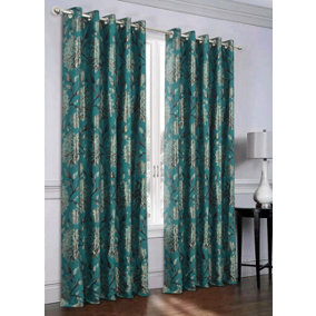 Home Curtains Elanie Fully Lined Floral Metallic 45w x 54d" (114x137cm) Teal Eyelet Curtains (PAIR)