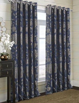 Home Curtains Elanie Fully Lined Floral Metallic 45w x 90d" (114x229cm) Navy Eyelet Curtains (PAIR)