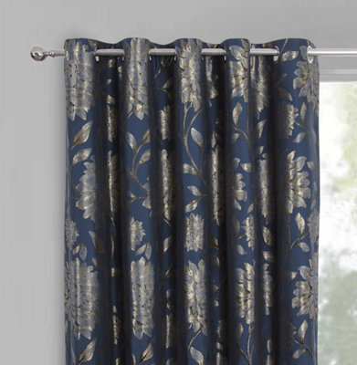 Home Curtains Elanie Fully Lined Floral Metallic 45w x 90d" (114x229cm) Navy Eyelet Curtains (PAIR)