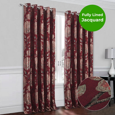 Home Curtains Elanie Fully Lined Floral Metallic 45w x 90d" (114x229cm) Red Eyelet Curtains (PAIR)