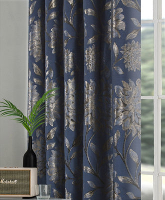 Home Curtains Elanie Fully Lined Floral Metallic 65w x 54d" (165x137cm) Navy Eyelet Curtains (PAIR)