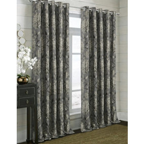 Home Curtains Elanie Fully Lined Floral Metallic 65w x 54d" (165x137cm) Pewter Eyelet Curtains (PAIR)