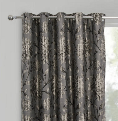 Home Curtains Elanie Fully Lined Floral Metallic 65w x 54d" (165x137cm) Pewter Eyelet Curtains (PAIR)