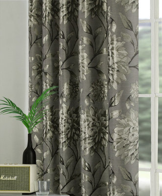 Home Curtains Elanie Fully Lined Floral Metallic 65w x 54d" (165x137cm) Pewter Eyelet Curtains (PAIR)